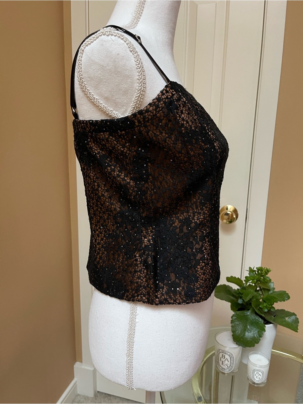 St. John Black Lace Sequin Bustier Top Bronze Lining Size 6 $995 - Picture 2 of 11